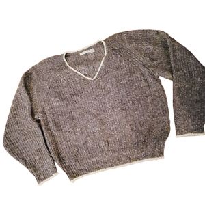 Claiborne Womens Brown Gray V Neck Long Sleeve Pullover Knit Ragwool Sweater‎ L